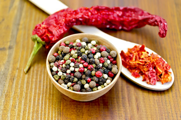 Peppers different in a wooden utensil