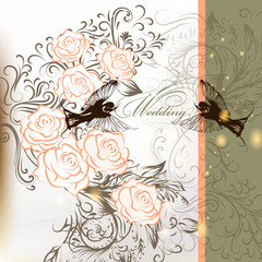 Elegant wedding background with roses, swirl and birds