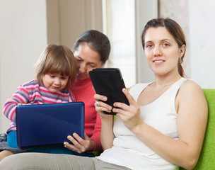 Fototapeta na wymiar women and child using electronic devices