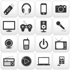 Technology icon on square black and white button collection