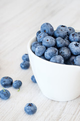 White bowl cup with fresh ripe blueberries