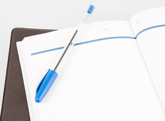 Open note book with lined pages free date space and ballpoint pe