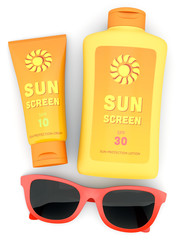 Bottle and tube of sunscreen and red sunglasses