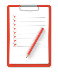 Checklist. Red clipboard and pencil on white