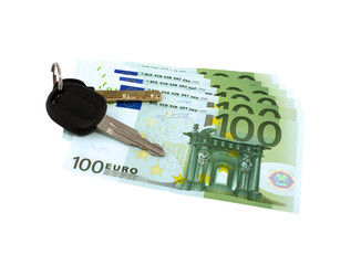 Car keys on euro banknotes isolated on white background