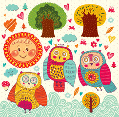 Plakaty  Ilustracja wektorowa kreskówka z sowami i drzewami