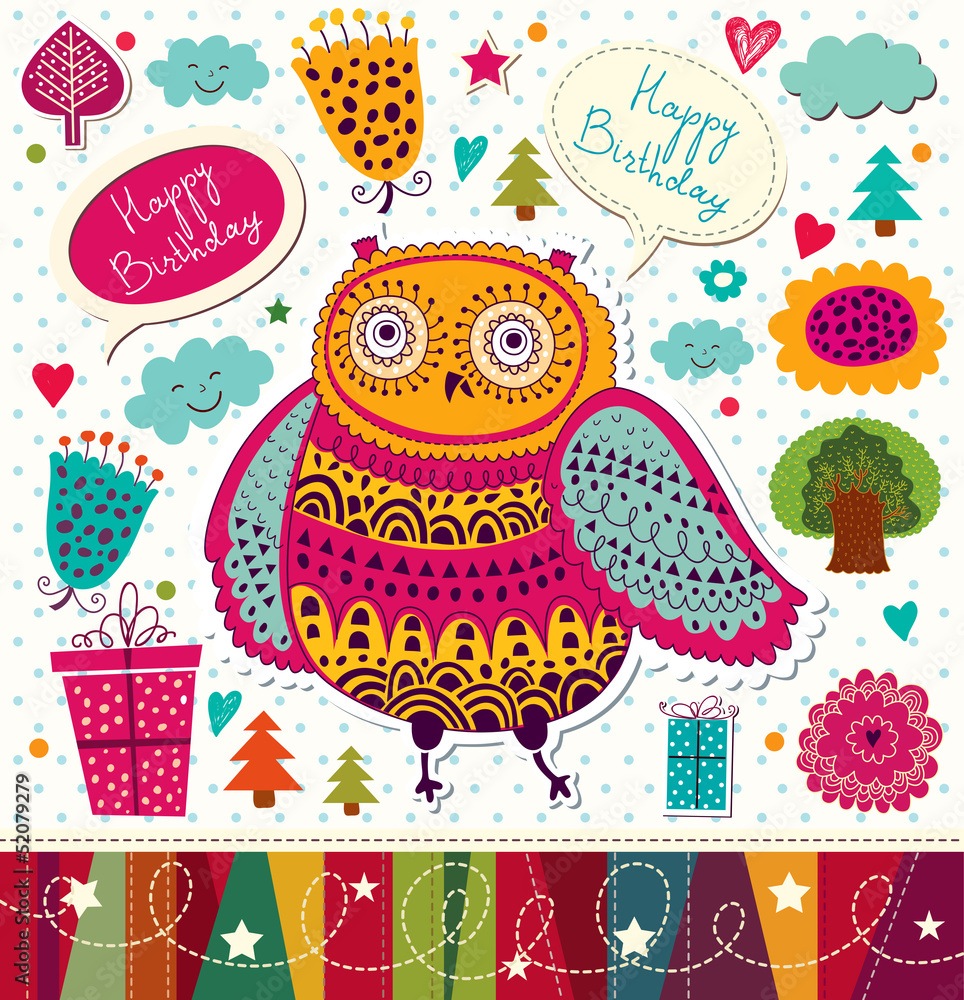 Wall mural Happy birthday card with funny owl