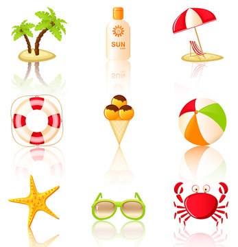 Collection of colored beach icons.