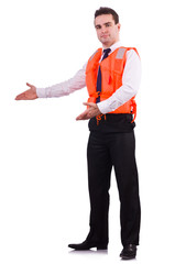 Businessman with rescue safety vest on white