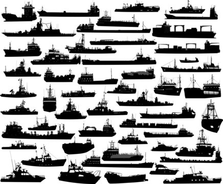 Set of 52 silhouettes of sea yachts, towboat and the ships