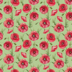 Watercolor poppy flowers, seamless pattern