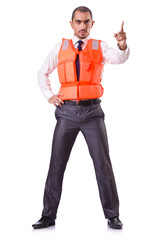 Man in life jacket isolated on white