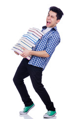 Student with lots of books on white