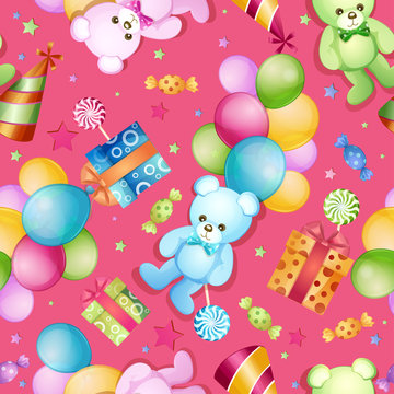Seamless pattern for birthdays with ballons and teddy bears