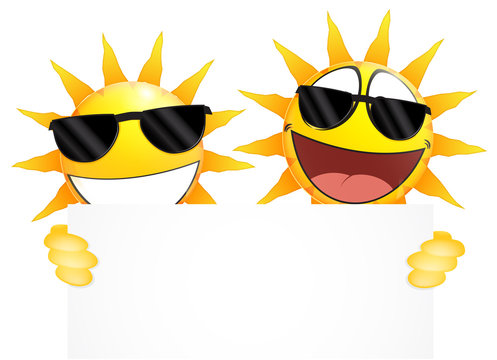 Smiling sun Emoticon holding a Blank sign