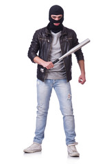 Male hooligan with bat on white