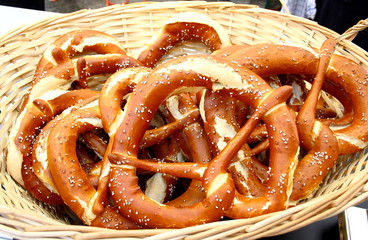 Large wicker basket with giant pretzels