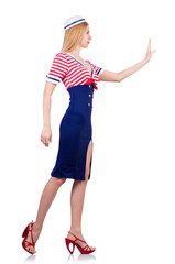 Woman in costume pushing virtual obstacle