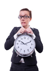 Funny woman with clock on white