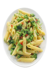 Pasta with broccoli on a white background