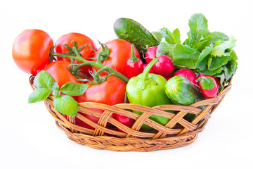 Fresh spring vegetables for salad in basket