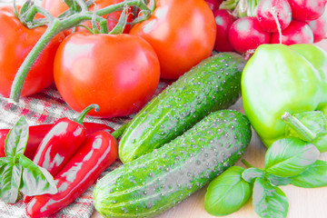 Fresh spring vegetables for salad: tomatoes, cucumbers and radis