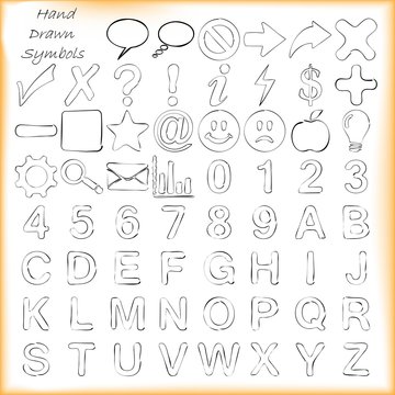 Hadwritten symbols and signs, alphabet