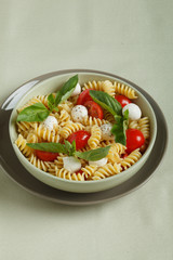 Pasta salad with cherry tomatoes, basil leaves and mozzarella