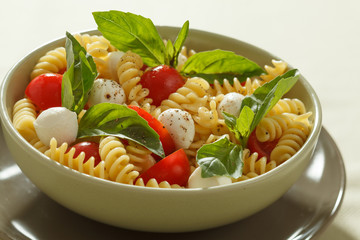 Pasta salad with cherry tomatoes, basil leaves and mozzarella