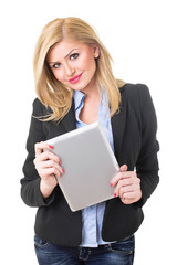 Cute student girl holding digital tablet