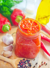 Fresh chilli sauce in the glass bank