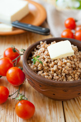 buckwheat porridge and fresh tomatoes, vegetables