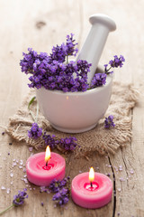 Fototapeta na wymiar spa set with lavender flowers