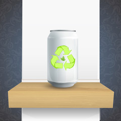 Tin with recycling icon on shelf.