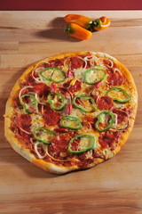 Pepperoni pizza, freshly baked pepperoni pizza with Chillies