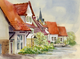 Watercolor Landscape Collection: Village Life - 52106685