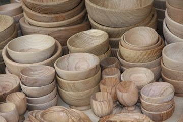 crude wooden bowls for sale at the local flea market