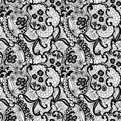 Lace black seamless pattern with flowers on white background - 52111005