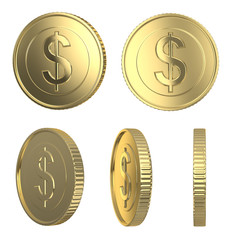 Golden dollar coins isolated on white with clipping path