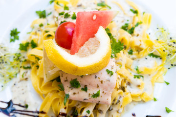 pasta and smoked salmon with tomato