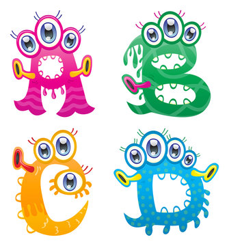 Cartoon monster letters from A to D