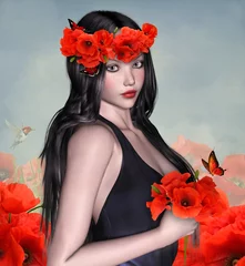 Poster Im Rahmen Schönes Frauenporträt mit Mohnblumenkrone © EllerslieArt
