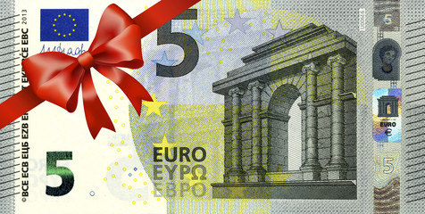 neuer 5 Euroschein mit rotem Band und Schleife