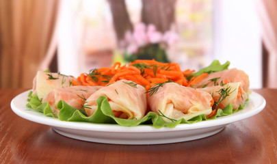 Stuffed cabbage rolls on table at home
