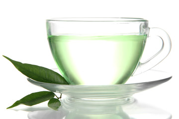 Transparent cup of green tea, isolated on white