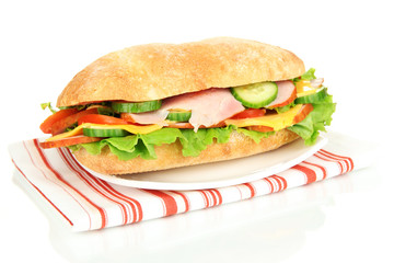 Fresh and tasty sandwich with ham and vegetables isolated
