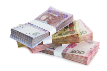 Pile of Ukrainian money, isolated on white