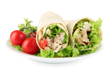 Kebab - grilled meat and vegetables, on plate, isolated on