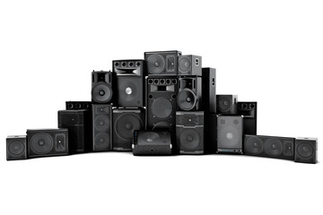 Naklejka premium Large group of speakers in a row, on a white background.