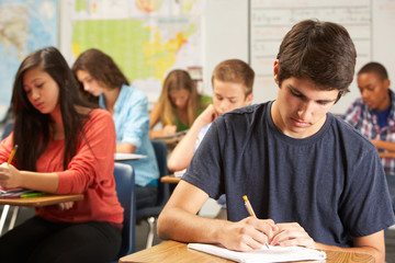 Male Pupil Studying At Desk In Classroom